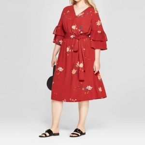 Floral Print Ruffle Sleeve Wrap Midi Dress SZ 4x